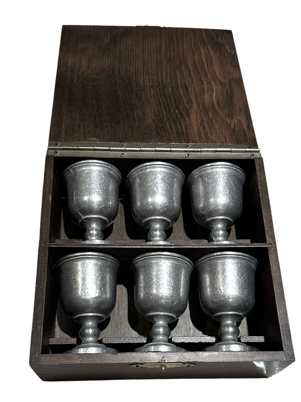 Vintage Six Piece Pewter Goblet Set With Wooden Presentation/Storage Case.